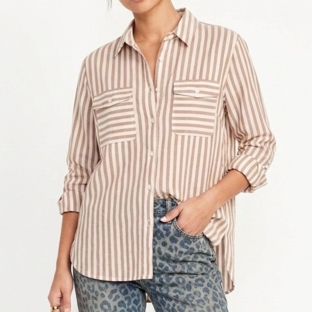 SJ Tan White Striped Button Down Shirt Long Sleeve Cotton Rayon Blend Small